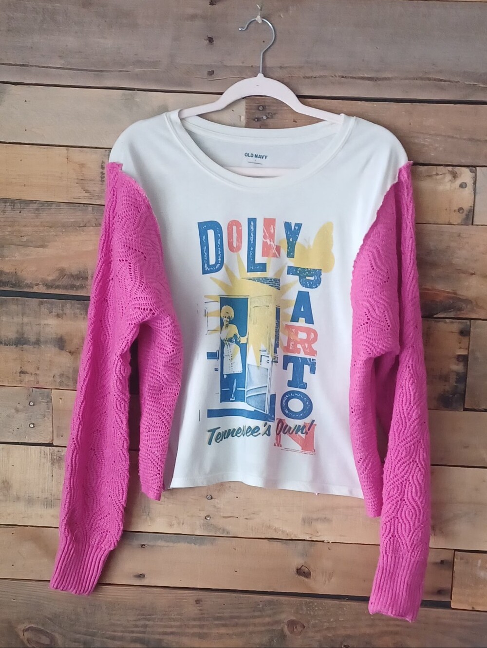 Upcycled  Women's White  Dolly Parton Graphic Sweater with Pink Sleeves